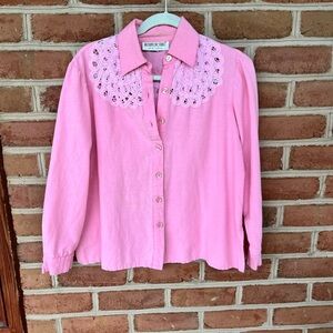 Vintage Pepto pink blouse with lace trim, approximate size medium